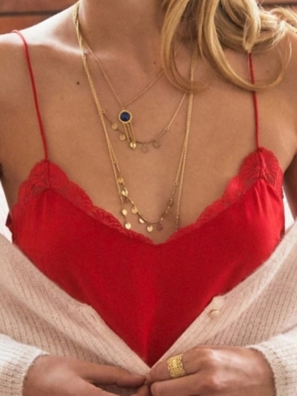 Sezane 100% Silk Red Lace Trim Spaghetti Strap Cami Top